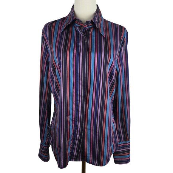 Faconnable Womens ButtonUp Shirt Sz 42 Medium Striped Multi Colorful Silky Retro - Picture 2 of 9